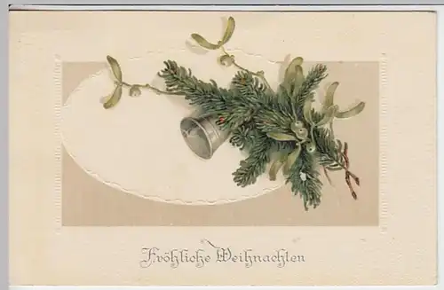 (24120) Künstler AK Weihnachten, Mistelzweig, Glocke, Prägek., vor 1945