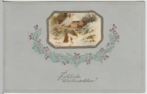 (2159) AK  Weihnachten, Haus, Frau, Stechpalme, Prägekarte 1910