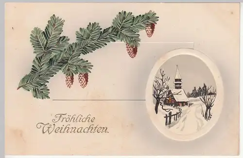(114230) AK Fröhliche Weihnachten, Tannenzweig, Winterkirche 1910er