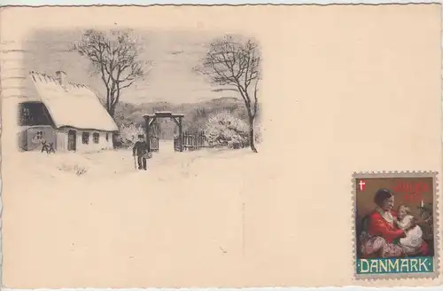 (110225) Künstler AK verschneites Dorf, dänische Karte m. Weihnachtsmarke 1931