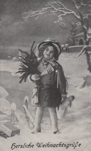 (108206) AK Weihnachten, Herzliche Weihnachtsgrüße, Mädchen mit Geschenken, 1920