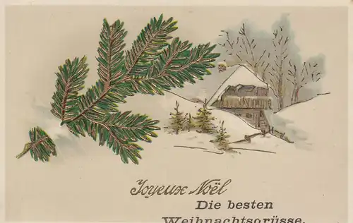 (108034) Künstler AK Weihnachten, verschneites Haus, Golddruck, Feldpost 1915