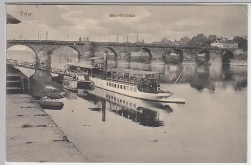 (42035) AK Trier, Moselbrücke, Dampfschiff 1913