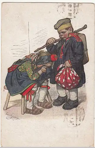 (114366) Künstler AK Hessische Tracht, Kinder, Patriotika 1918