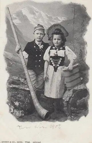 (108225) AK Kinder in Tracht u. Alphorn, Berner Tracht, 1902