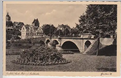(96757) AK Saalfeld, Saalebrücke, Saaltor, Cafe Müller, vor 1945
