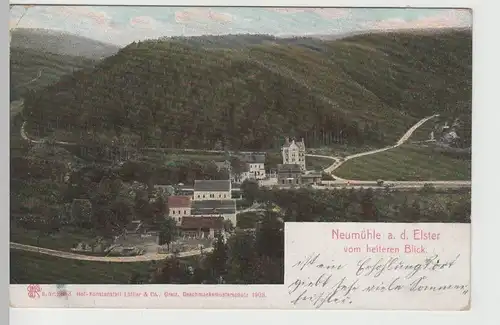 (82904) AK Neumühle a.d. Elster, Bl. v. Heiteren Blick, 1909
