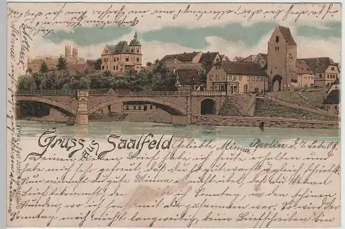 (82884) AK Gruss aus Saalfeld, Panorama, Litho um 1900 (gel. 1908)