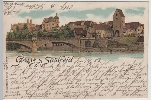 (82883) AK Gruss aus Saalfeld, Panorama, Litho 1902