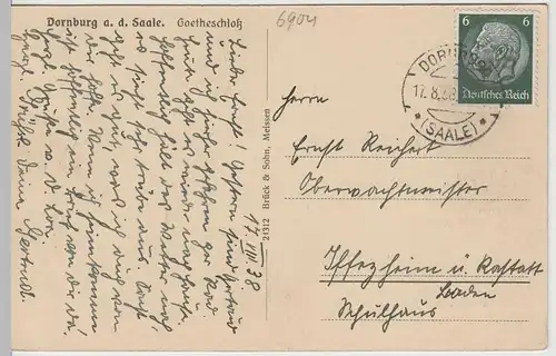 (63715) AK Dornburg, Saale, Goethe-Schloss, Renaissance-Schloss 1938