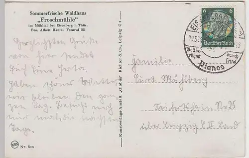 (33088) AK Eisenberg, Mühltal, Waldhaus Froschmühle 1935