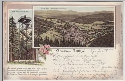 (115669) AK Gruss aus Ruhla, Carl-Alexander-Thurm Litho 1901