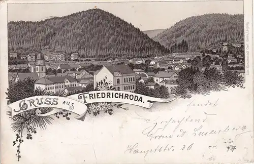 (113204) Künstler AK Gruß aus Friedrichroda, Litho., Panorama, um 1899