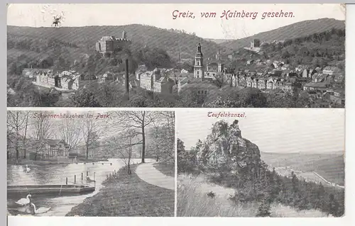 (109627) AK Greiz, Blick vom Hainberg, Park, Schwanenhäuschen, Teufelskanzel, vo