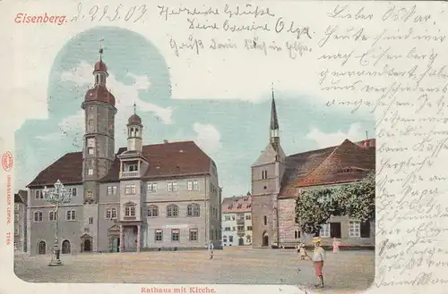 (107993) AK Eisenberg, Thüringen, Rathaus, Kirche St. Peter, gelaufen 1907