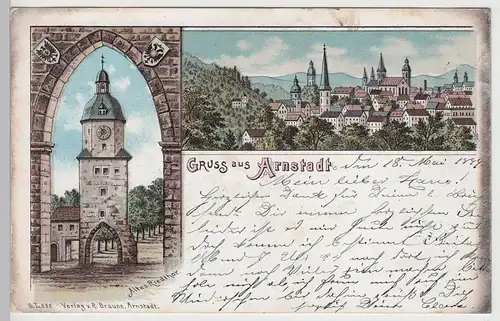 (106835) AK Gruß aus Arnstadt, Panorama, Riedtor 1899