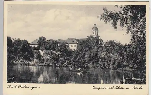 (105824) AK Bad Salzungen, Burgsee mit Felsen und Kirche, vor 1945