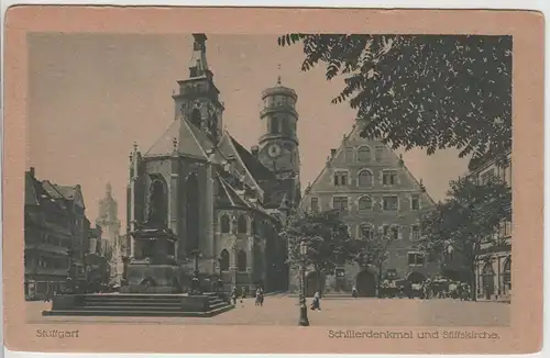 (68085) AK Stuttgart, Schillerdenkmal und Stiftskirche, vor 1945