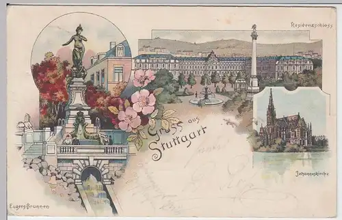 (47525) AK Gruß aus Stuttgart, Eugensbrunnen, Johanniskirche, Litho 1897