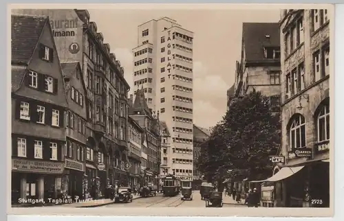 (108796) Foto AK Stuttgart, Tagblatt, Turmhaus, Straßenbahn, Cafe Eberhardbau 19