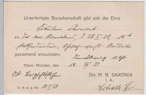 (76524) Studentika, Einladung der M. B. Saxonia, Hann. Münden 1927