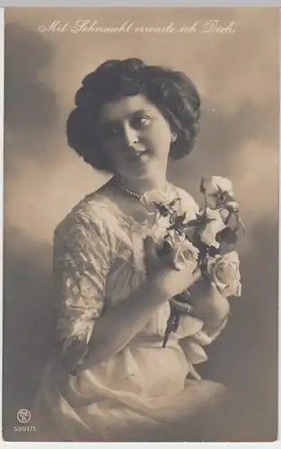 (14852) Foto AK Sprüche, Mit Sehnsucht erwarte ich Dich 1912