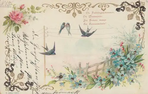 (108027) Künstler AK Spruch, Ob Frühlingsschimmer, Schwalben, Golddruck 1901