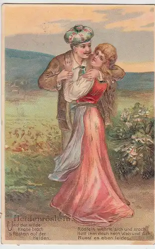(103696) AK Dichtung, Heideröslein, Und der wilde Knabe brach, Golddruck, Prägek