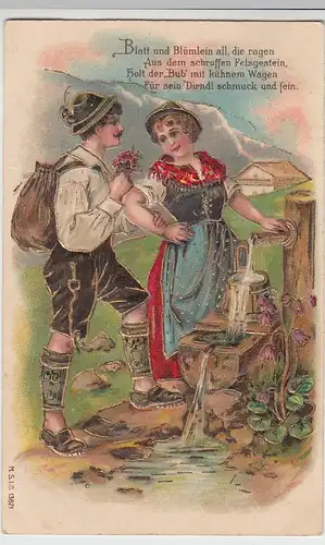 (103695) Künstler AK Spruch, Blatt und Blümlein all, Golddruck, Prägekarte 1907