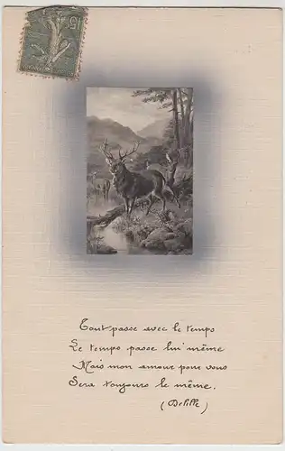 (100623) Künstler AK Hirsche, mit Spruch in französisch, 1910er