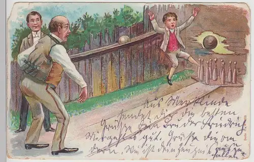 (114656) AK Kegeln, Karte m. rückseitigem Bild vor 1905