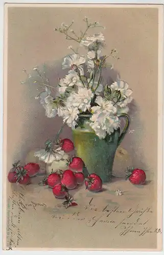 (94019) Künstler AK Weiße Nelken, Erdbeeren, Prägekarte 1905