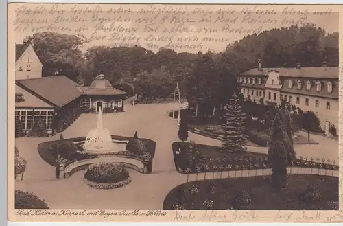 (107610) AK Bad Kudowa, Kudowa-Zdrój, Kurpark mit Eugen-Quelle und Schloss, 1929