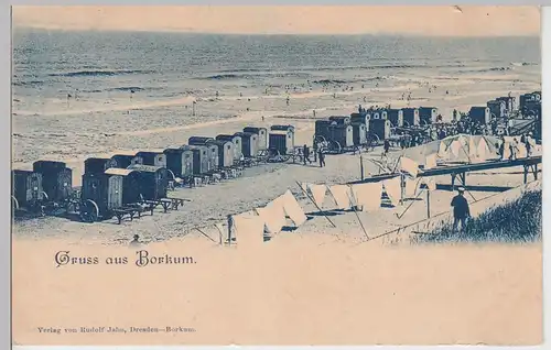 (94597) AK Gruß aus Borkum, Strand, Umkleidewagen, Wäscheleinen 1900