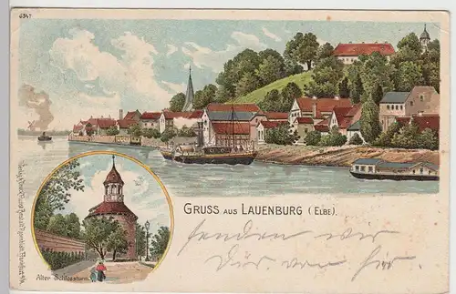 (90284) Künstler AK Gruß aus Lauenburg, Elbe, Schlossturm 1904