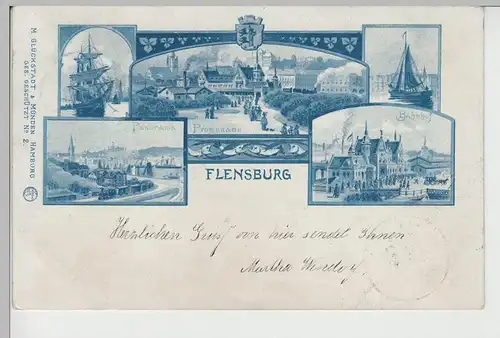 (76385) Künstler AK Flensburg, Bahnhof, Promenade, Segelschiff 1898