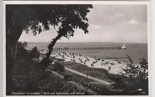 (74080) Foto AK Ostseebad Scharbeutz, Blick auf Seebrücke und Strand