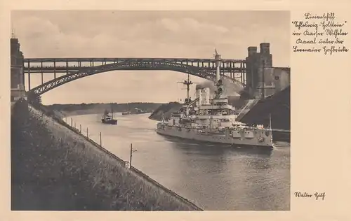 (107806) Foto AK Lewensauer Hochbrücke, Kaiser Wilhelm Kanal, SMS Schleswig Hols
