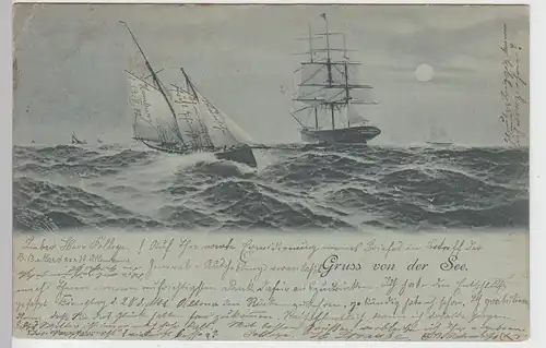 (97877) AK Gruss von der See, Segelschiffe auf bewegter See, Mondschein 1902