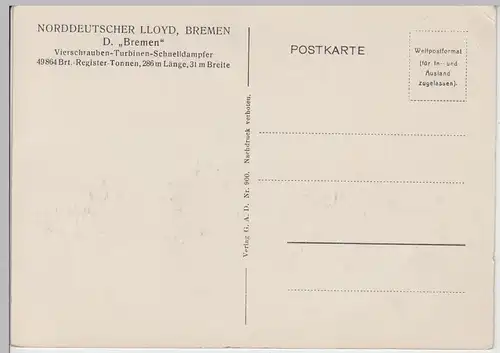 (106165) AK Schnelldampfer "Bremen" v. Norddeutscher Lloyd, vor 1945