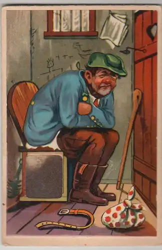 (113576) Künstler Scherzkarte, Landstreicher beim Wein trinken u. auf Abort