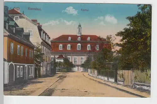 (99764) AK Herrnhut, Straßenansicht mit Kirche 1924