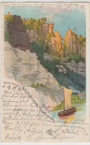 (98678) AK Sächs. Schweiz, Basteifelsen, Abendstimmung, Litho. 1899