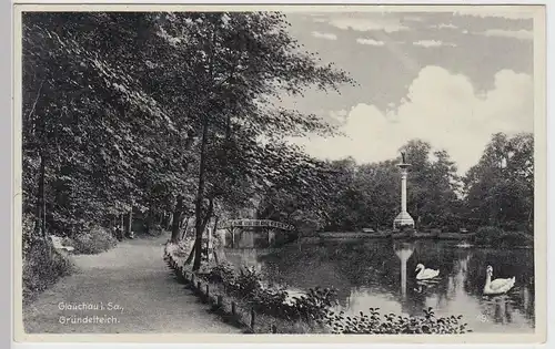 (97791) AK Glauchau, Sa., Gründelteich, Brücke, Gedenksäule 1937