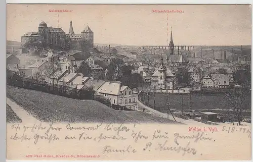 (92637) AK Mylau i.V., Ansicht m. Kaiserschloss u. Göltzschtalbrücke, vor 1905