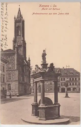 (88821) AK Kamenz, Markt mit Rathaus u. Andreasbrunnen, Feldpost 1916