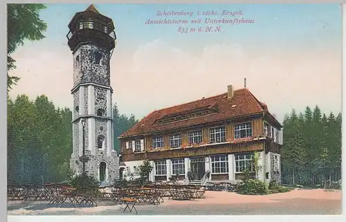 (85390) AK Scheibenberg, Unterkunftshaus m. Aussichtsturm, um 1920