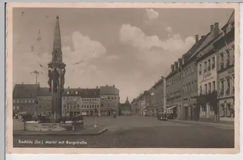 (76277) Foto AK Rochlitz, Sachsen, Markt, Burgstr., Marktbrunnen 1953