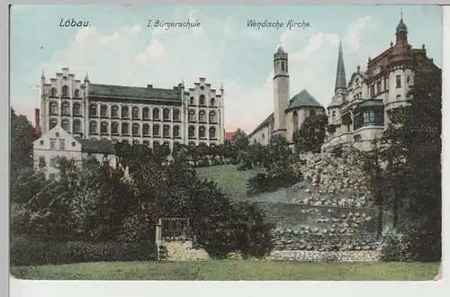 (76214) AK Löbau, Sachsen, 1. Bürgerschule, Wendische Kirche 1928
