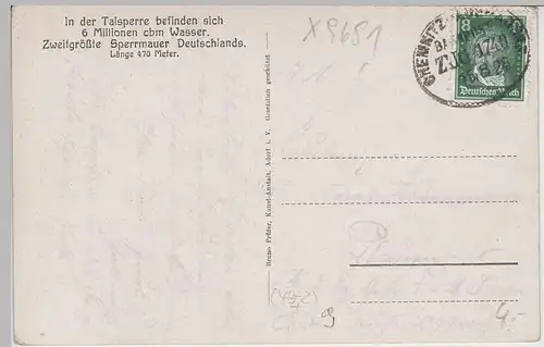 (73377) AK Talsperre Muldenberg, Vogtl., Staumauer, Bahnpost 1928